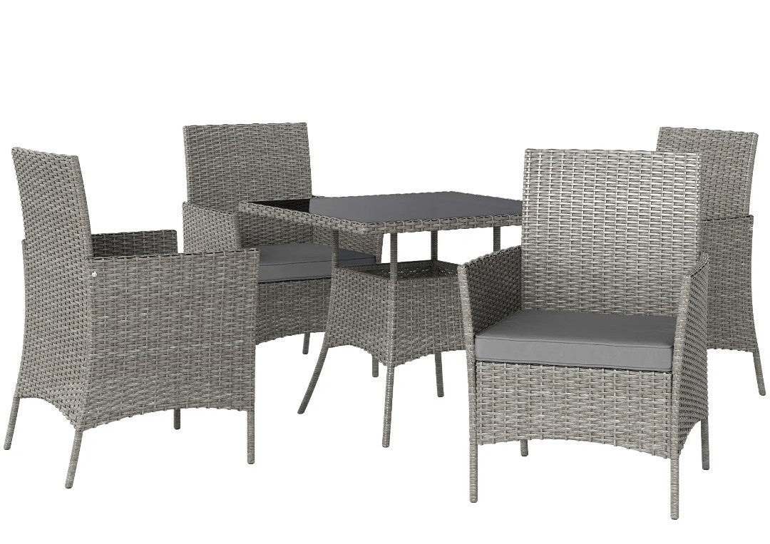 5-Piece Rattan Garden Dining Set with Cushions – Light Grey