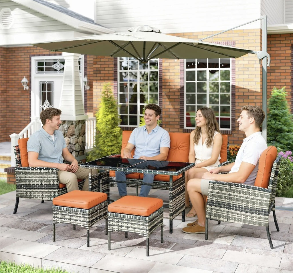 5-Seater Rattan Garden Sofa Set | 2 Armchairs & 3-Seater Wicker Sofa – Grey & Orange
