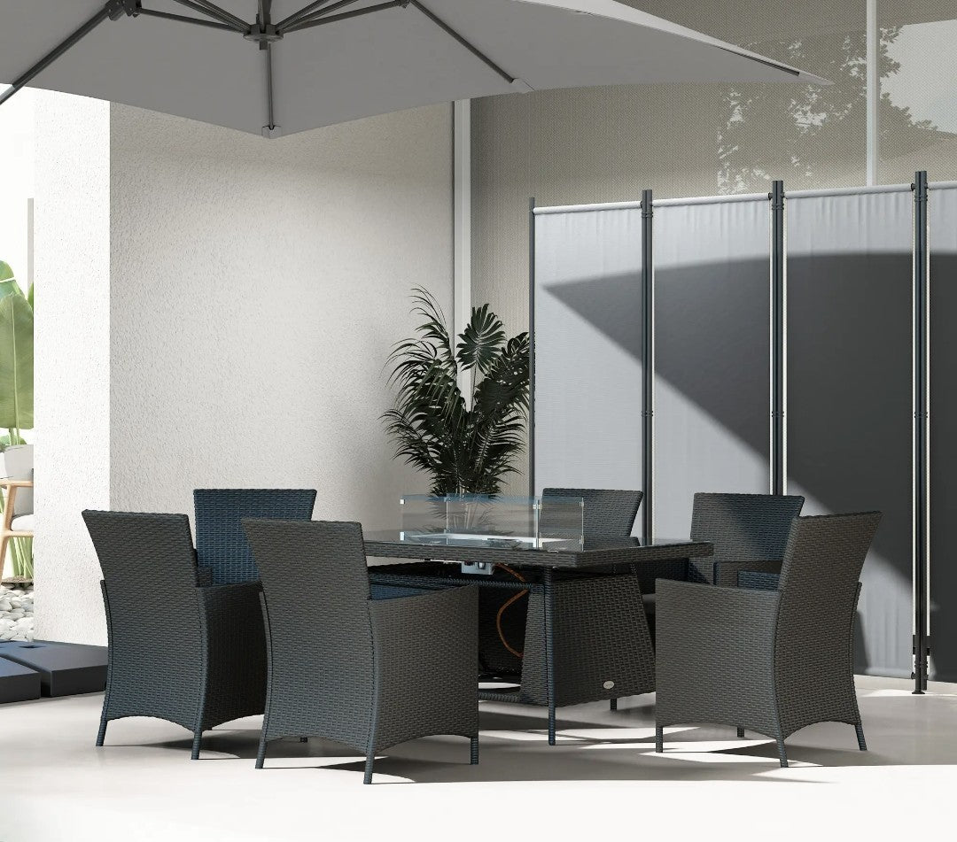 6-Seater Rattan Garden Set with Gas Fire Pit Table – 7 Piece, Black & Grey