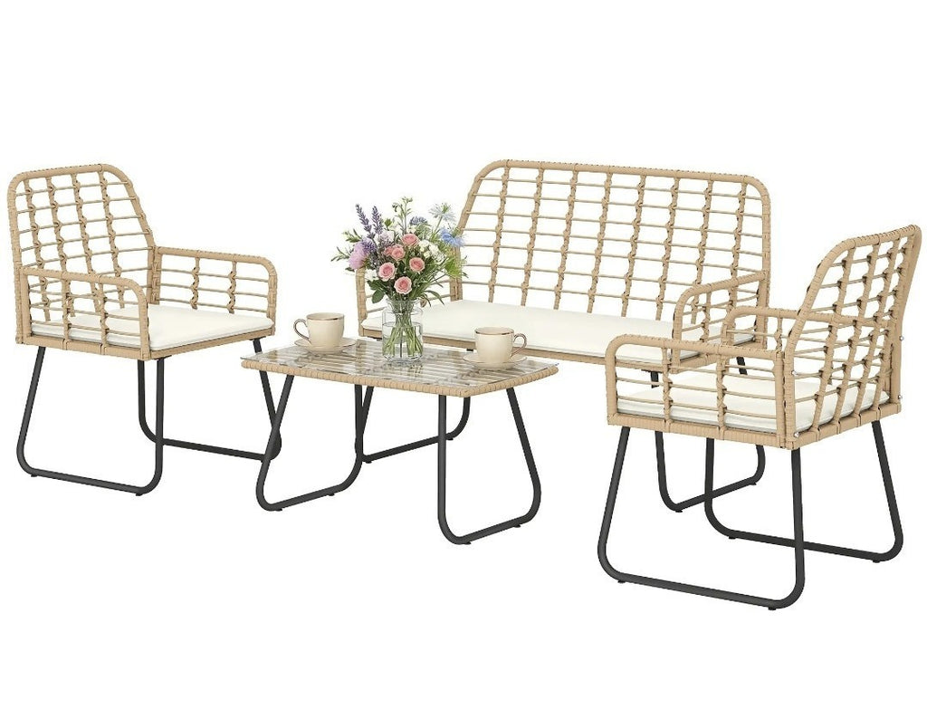 4-Piece Rattan Garden Set | Loveseat, Armchairs & Coffee Table | Natural Wood