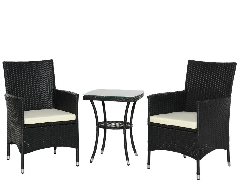 3-Piece Rattan Garden Bistro Set with 2-Tier Table | Black