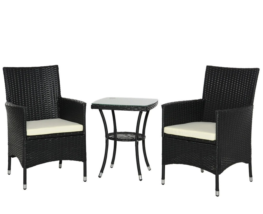 3-Piece Rattan Garden Bistro Set with 2-Tier Table | Black