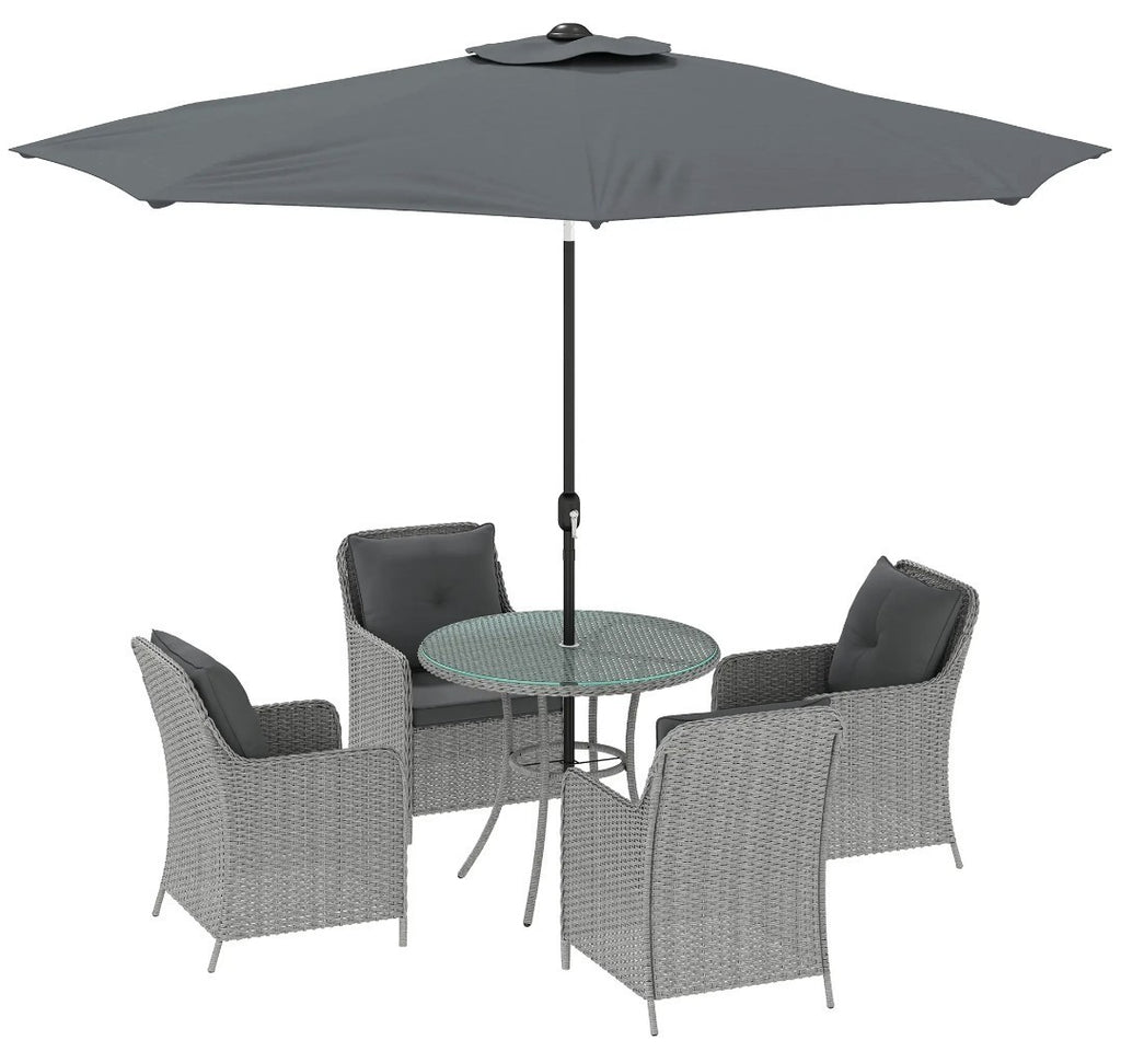 4-Seater Rattan Dining Set with Parasol & Cushions – Light Grey