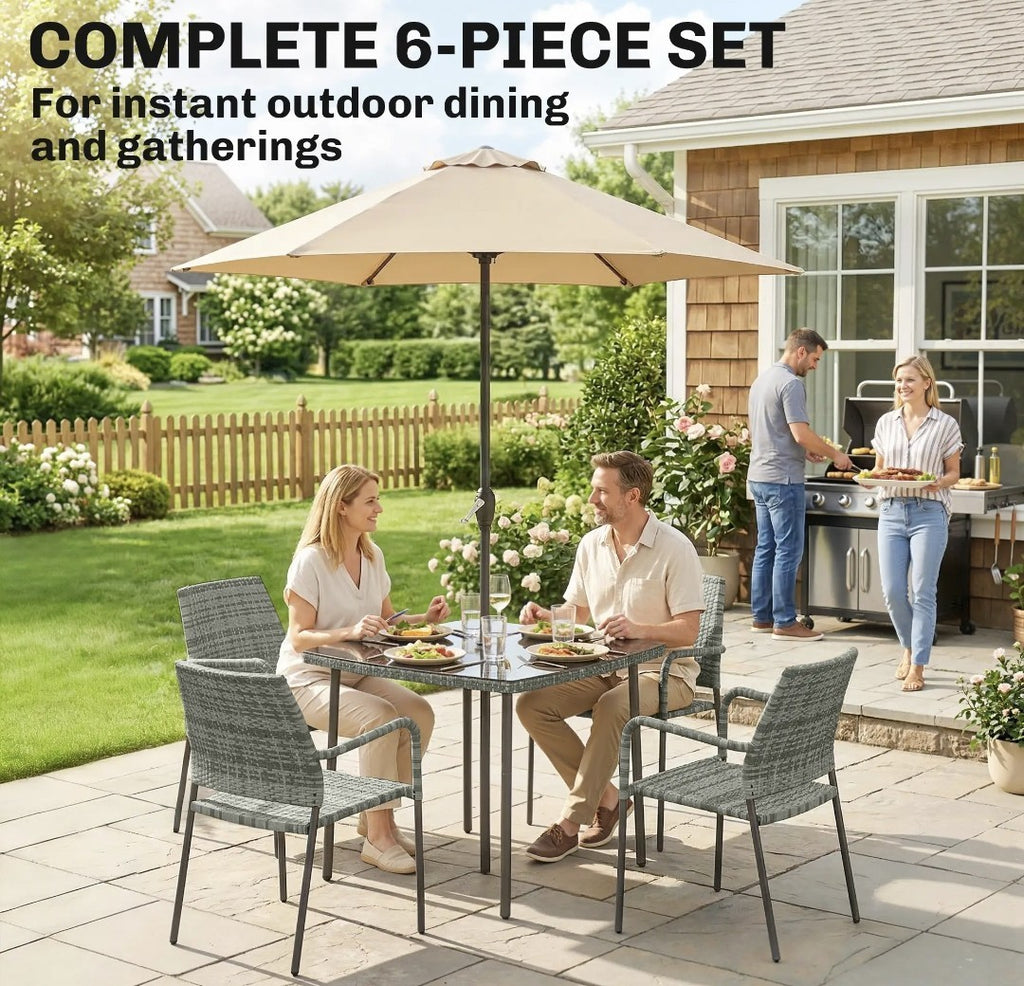 4-Seater Rattan Dining Set with Parasol – 6 Piece, Grey | Stackable Chairs