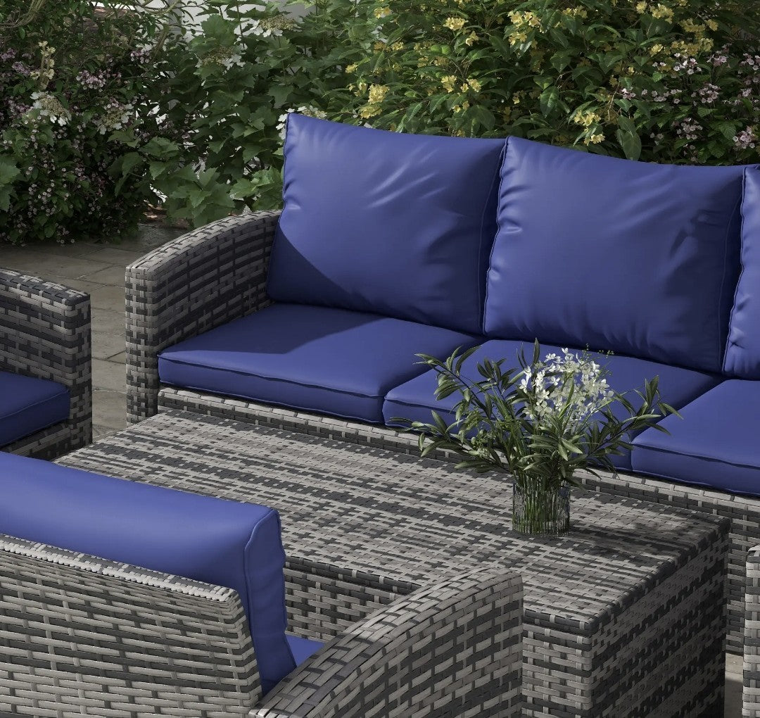 7-Seater Rattan Garden Sofa Set | 6-Piece Outdoor Furniture with Storage Tables – Brown & Blue
