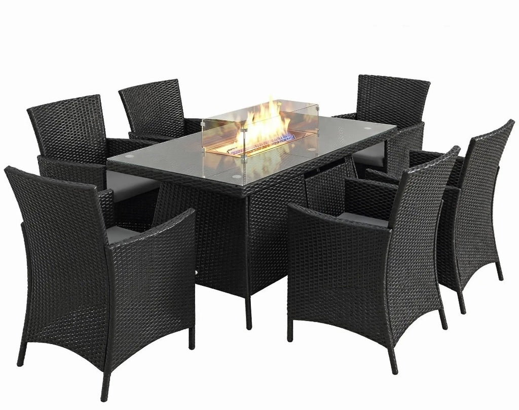 6-Seater Rattan Garden Set with Gas Fire Pit Table – 7 Piece, Black & Grey