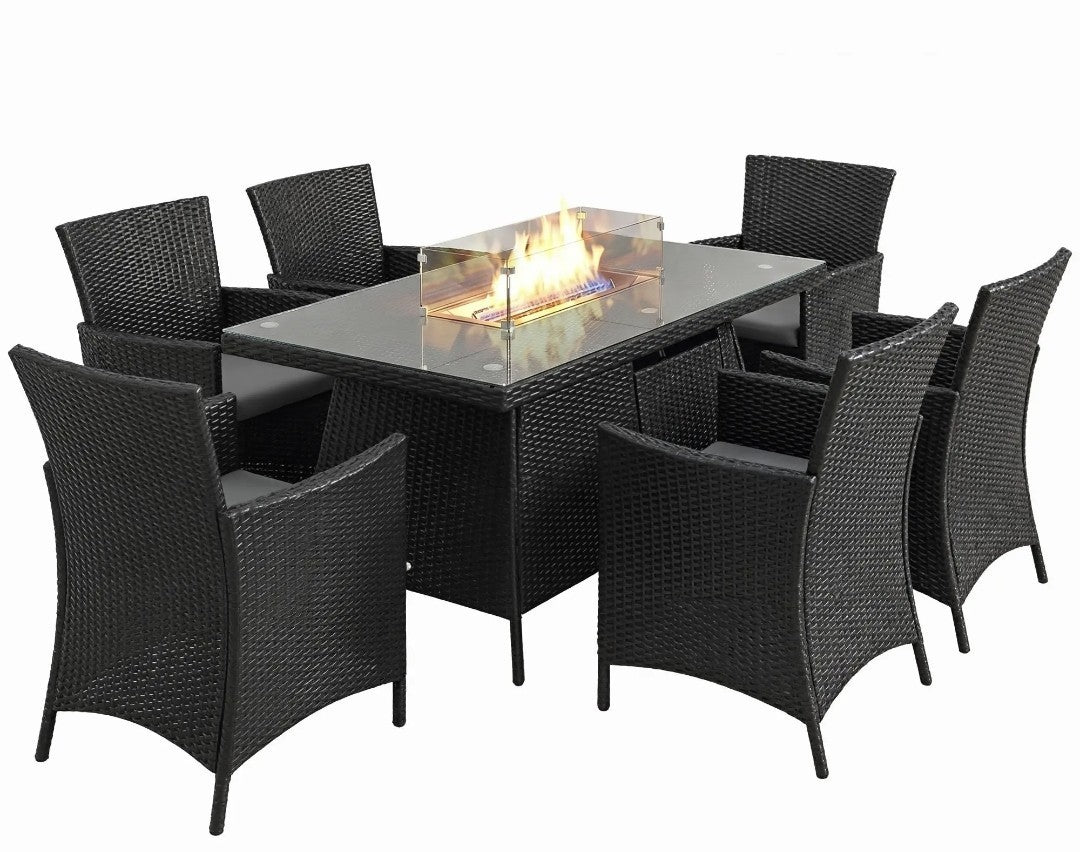 6-Seater Rattan Garden Set with Gas Fire Pit Table – 7 Piece, Black & Grey