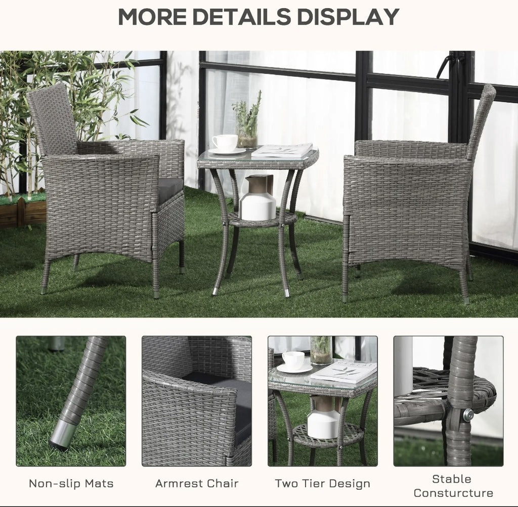 3-Piece Rattan Garden Bistro Set with 2-Tier Table | Grey