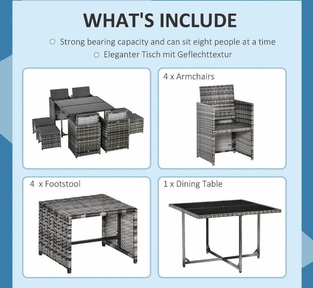 9-Piece 8-Seater Rattan Garden Dining Set with Wicker Table – Grey