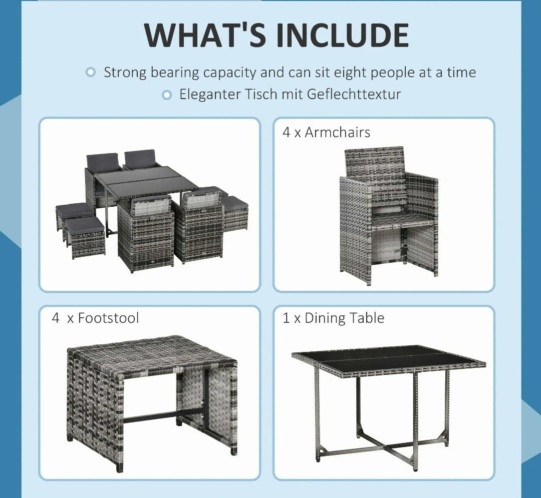 9-Piece 8-Seater Rattan Garden Dining Set with Wicker Table – Grey