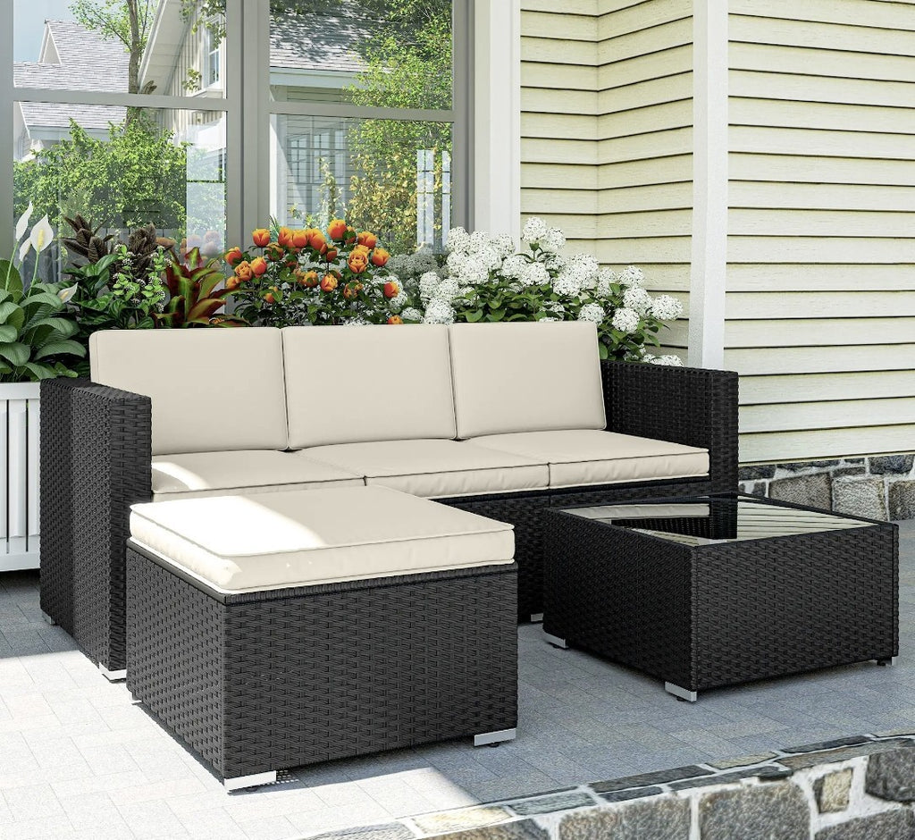 3-Piece PE Rattan Corner Sofa Set with Cushions | Black