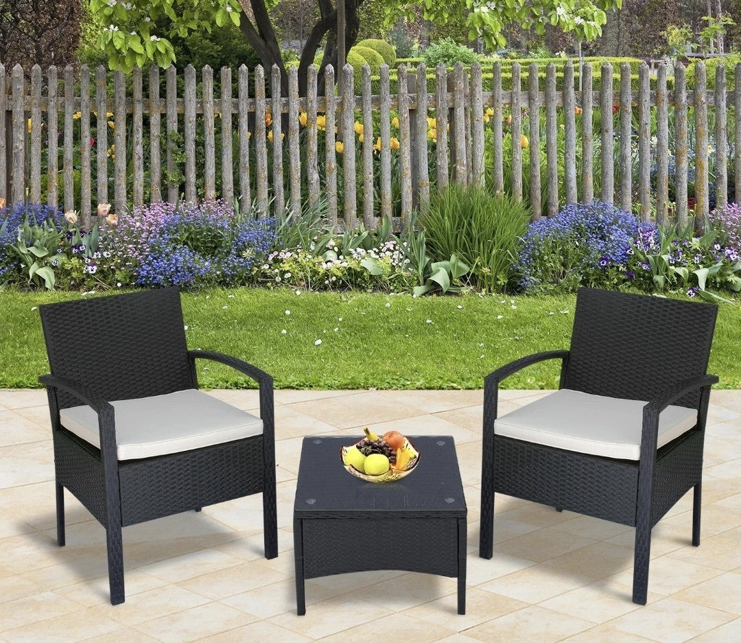 2-Seater Rattan Bistro Set with Table & Cushions | Black