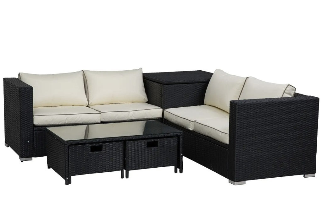 4-Seater Rattan Garden Set with Storage Box & 2-Drawer Coffee Table | Black