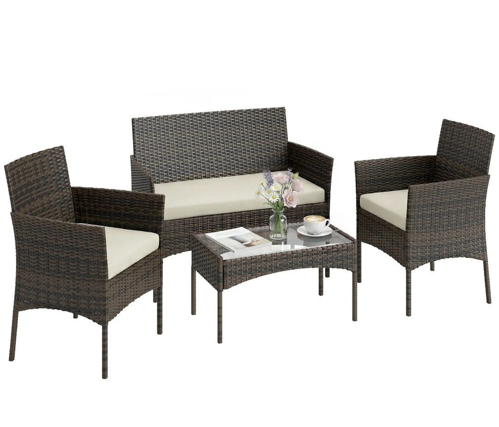 4-Piece Rattan Garden Sofa Set with Beige Cushions | Brown PE Rattan