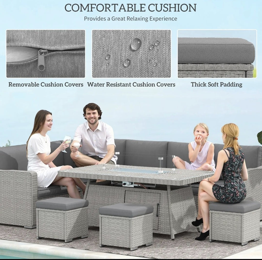 7-Piece Rattan Garden Sofa Set with Fire Pit Table & Cushions | Grey