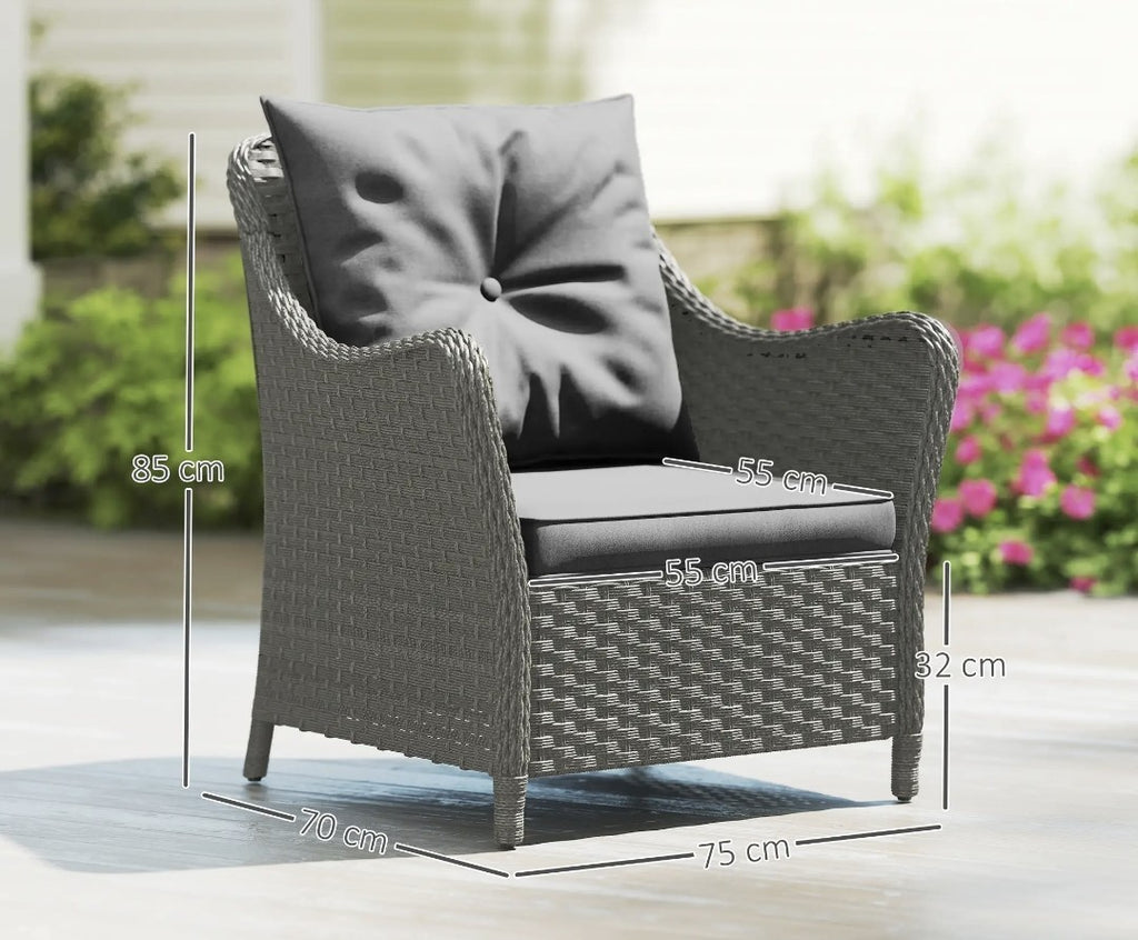 2 High-Back Rattan Garden Armchairs | PE Wicker, Steel Frame & Cushions | Dark Grey