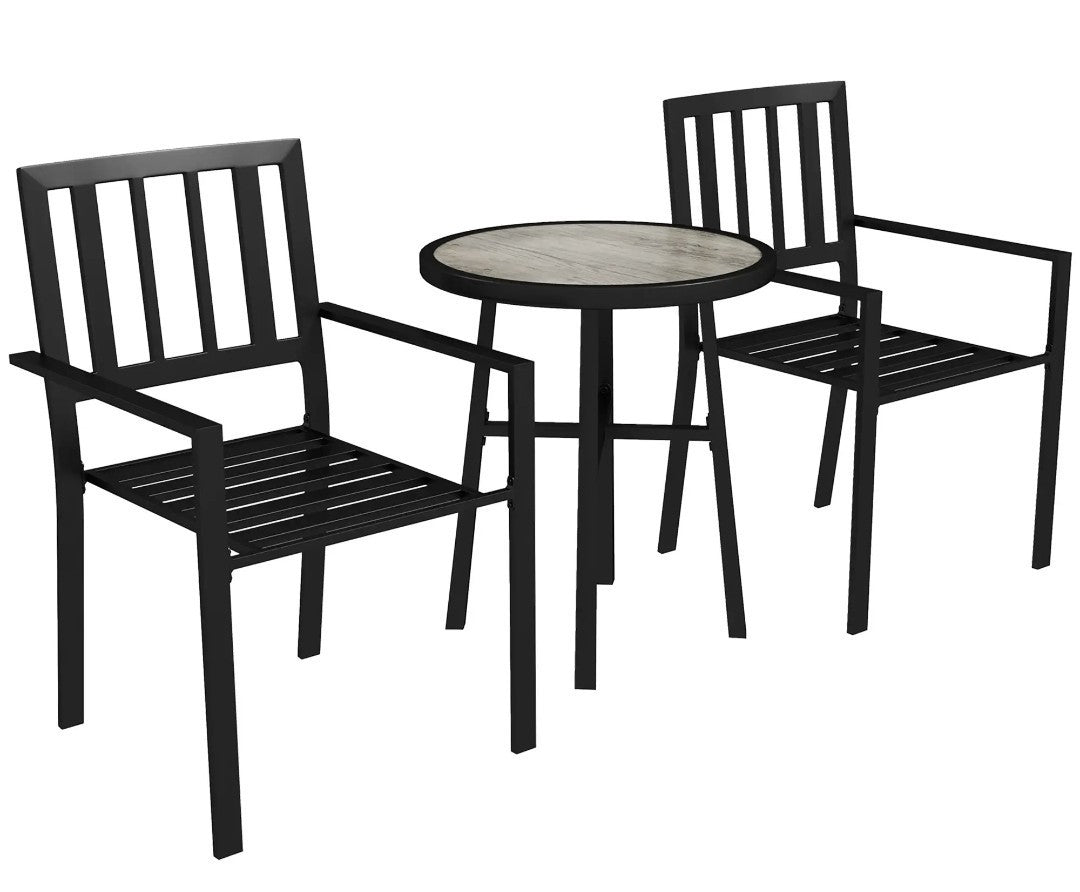 3-Piece Patio Garden Set | Plastic Top Table & Stackable Chairs | Galvanised Steel Frame