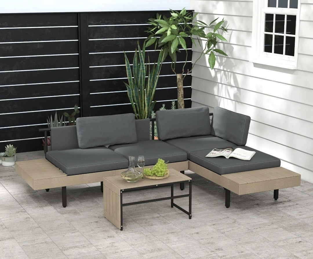 3-Piece L-Shaped Garden Sofa Set with Coffee Table – Grey