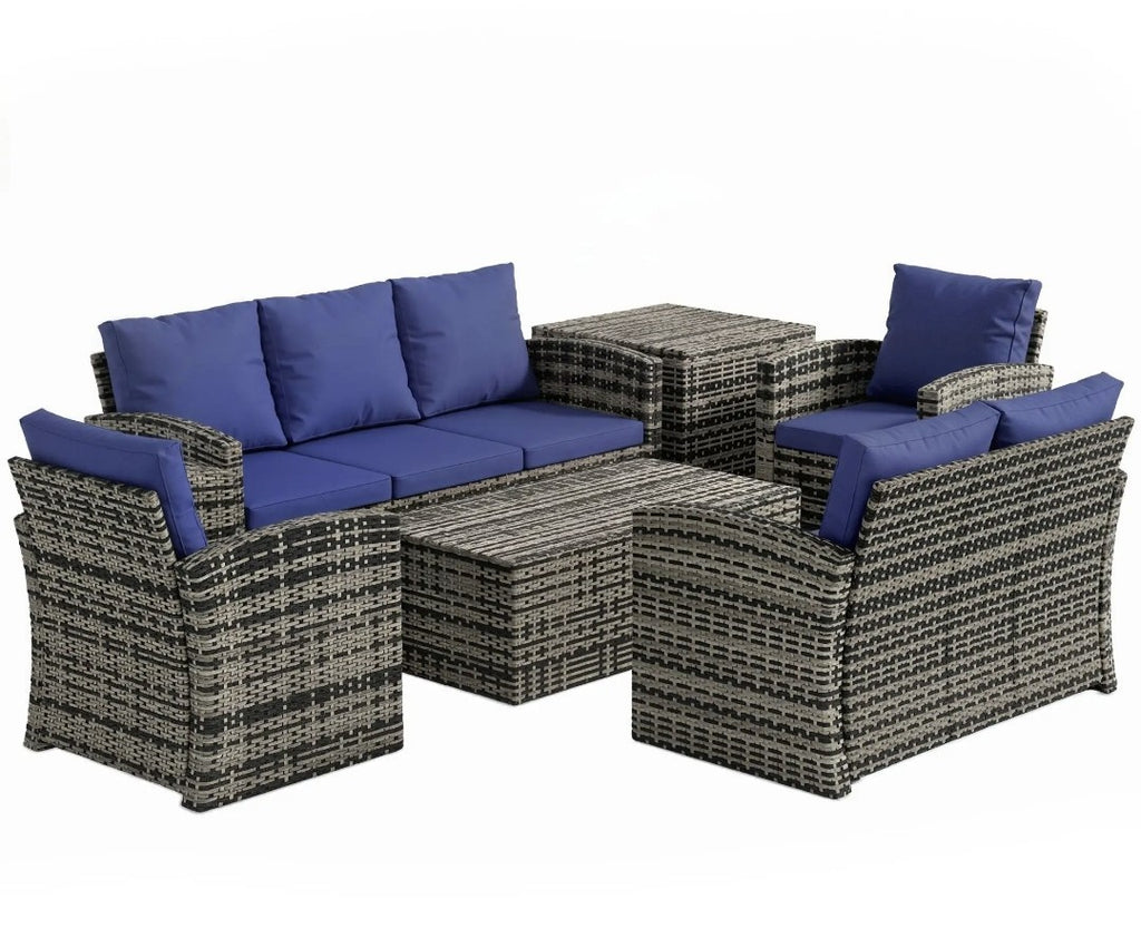7-Seater Rattan Garden Sofa Set | 6-Piece Outdoor Furniture with Storage Tables – Brown & Blue