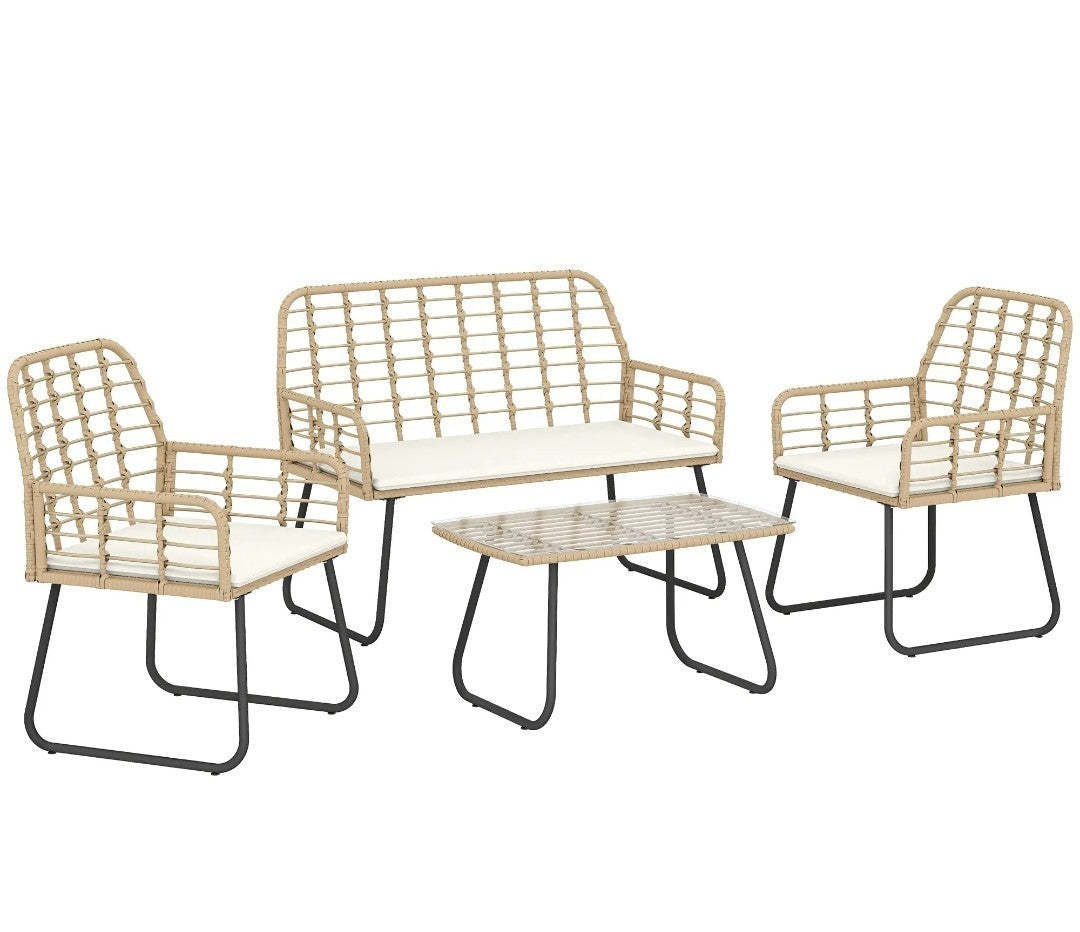4-Piece Rattan Garden Set | Loveseat, Armchairs & Coffee Table | Natural Wood