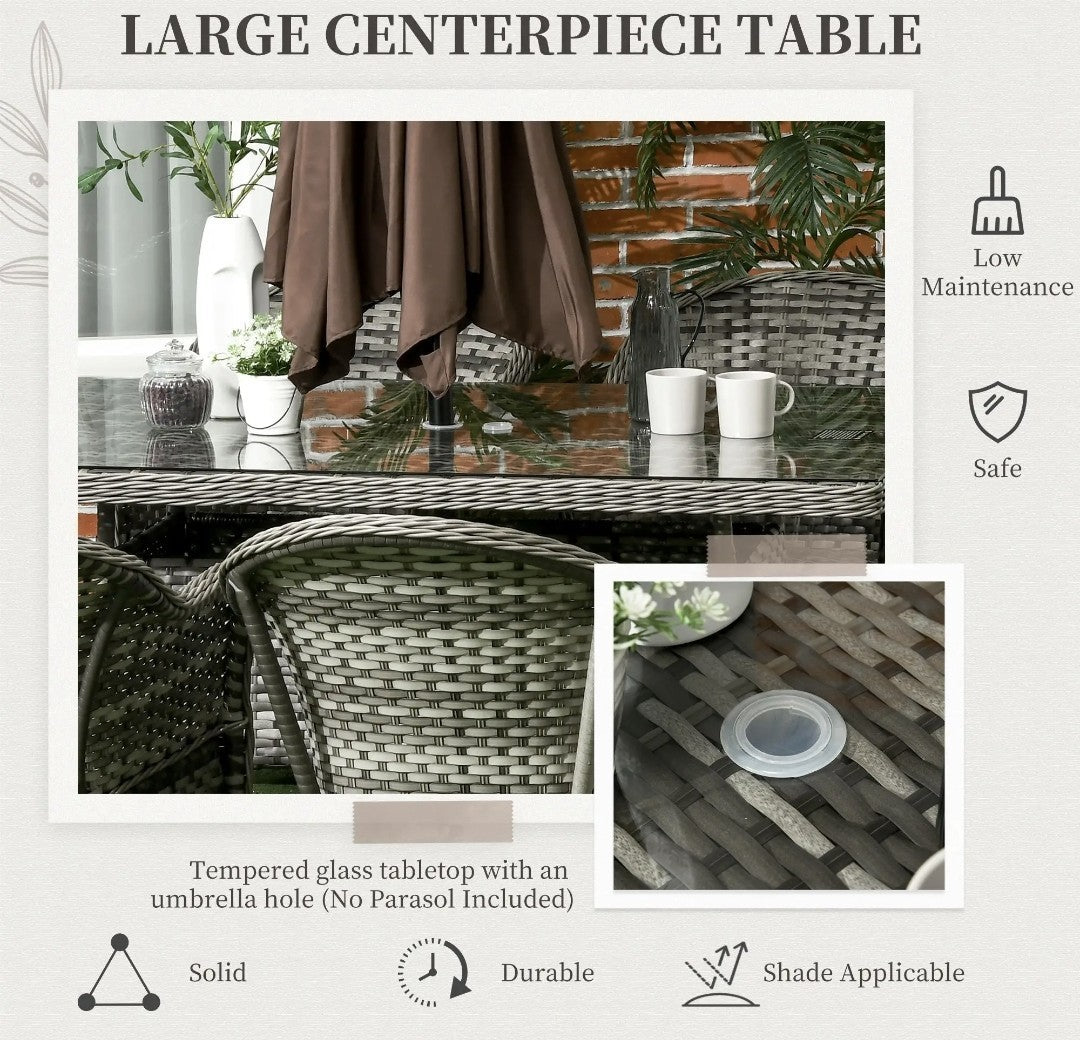 7-Piece Rattan Garden Dining Set – Grey | 6-Seater with Tempered Glass & Parasol Hole