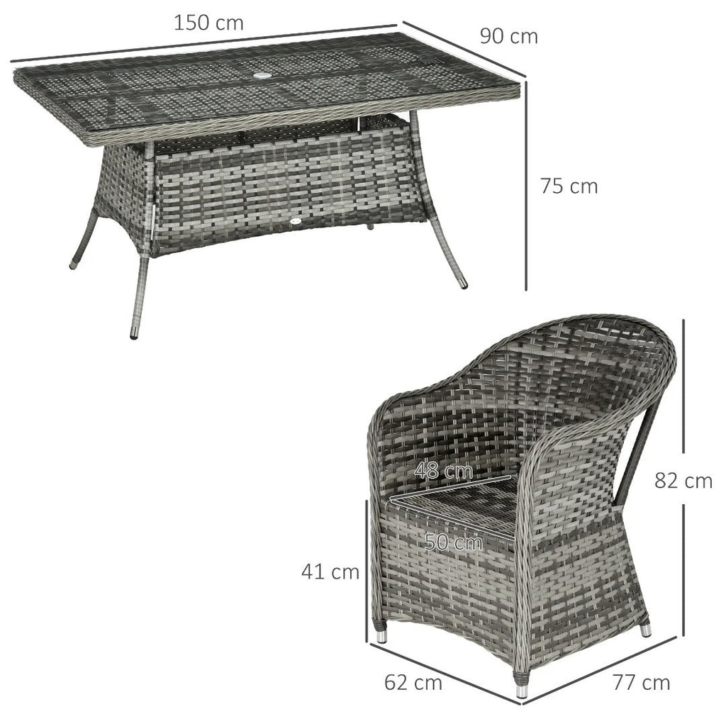 7-Piece Rattan Garden Dining Set – Grey | 6-Seater with Tempered Glass & Parasol Hole