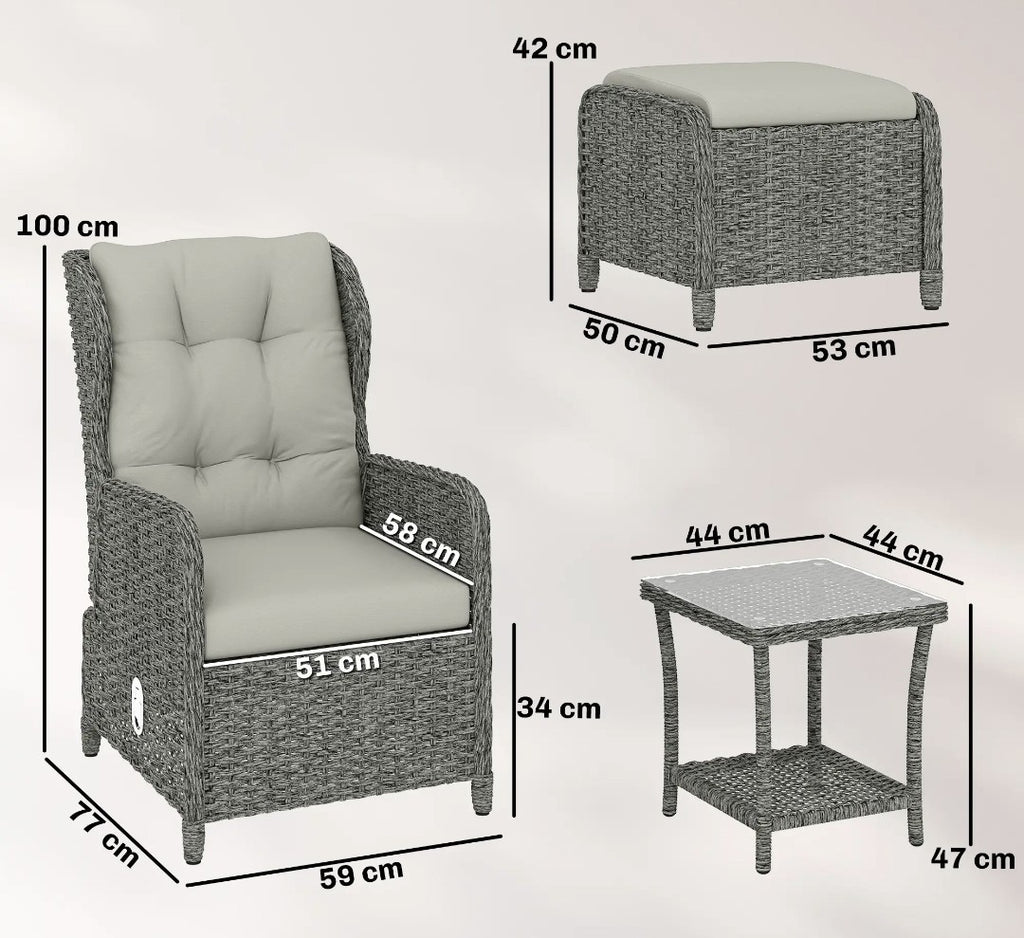 5-Piece Rattan Garden Set | Reclining Chairs, Footstools & Cushions, Grey