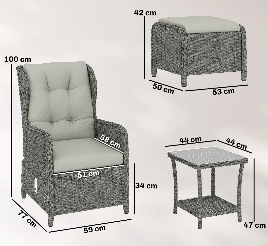 5-Piece Rattan Garden Set | Reclining Chairs, Footstools & Cushions, Grey