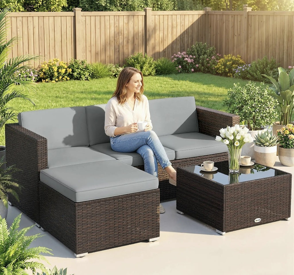 3-Piece PE Rattan Corner Sofa Set with Cushions | Light Grey