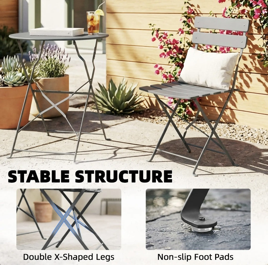 Folding Garden Bistro Set | Round Table & 2 Chairs | Grey Metal
