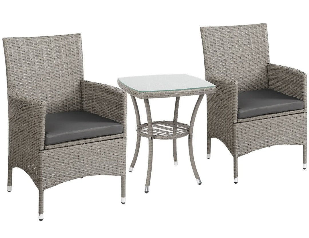 3-Piece Rattan Garden Bistro Set with 2-Tier Table | Grey