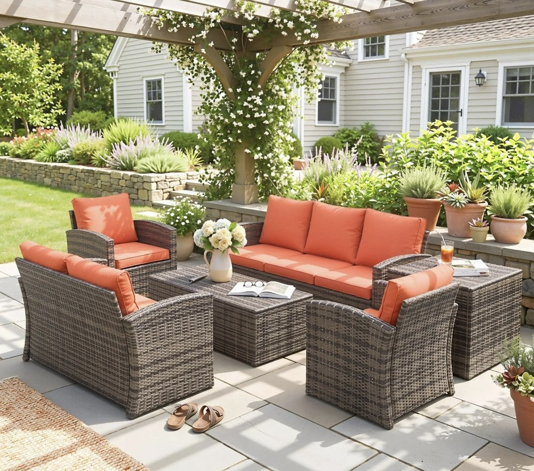 7-Seater Rattan Garden Sofa Set | 6-Piece Outdoor Furniture with Storage Tables – Brown & Orange