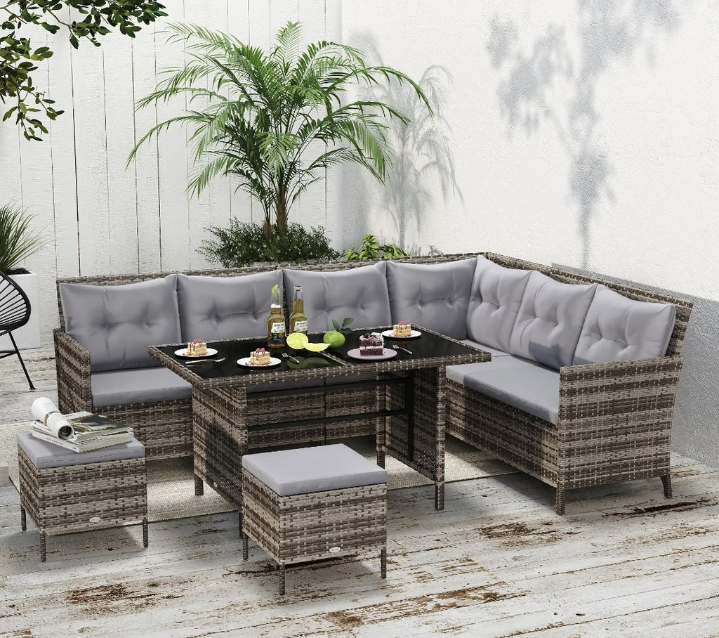 8-Seater Rattan Garden Sofa Set | Tempered Glass Table & Thick Cushions