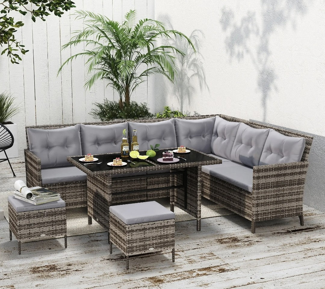 8-Seater Rattan Garden Sofa Set | Tempered Glass Table & Thick Cushions