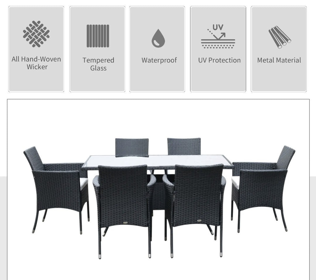 7-Piece Rattan Garden Dining Set with Cushions – Black