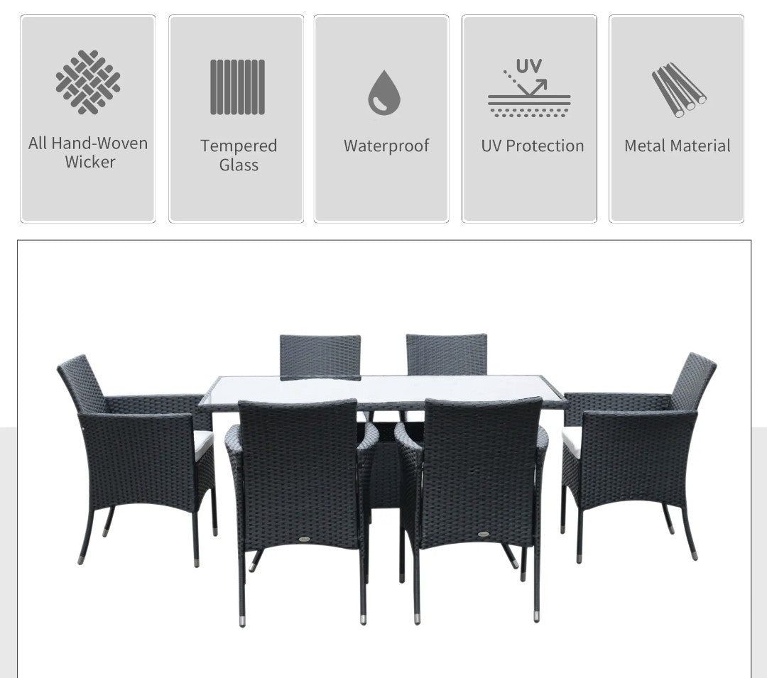7-Piece Rattan Garden Dining Set with Cushions – Black