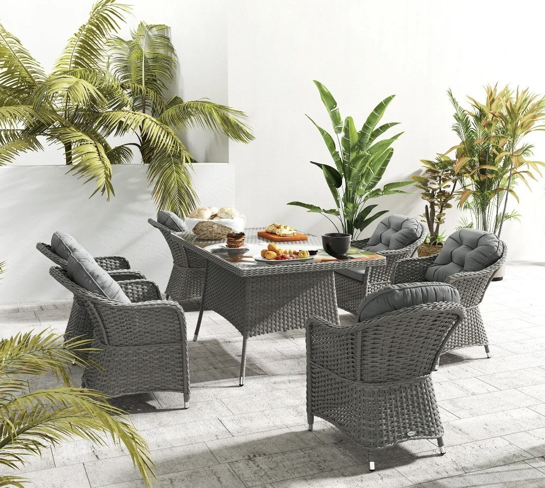 7-Piece Rattan Garden Dining Set with Glass Table – Light Grey