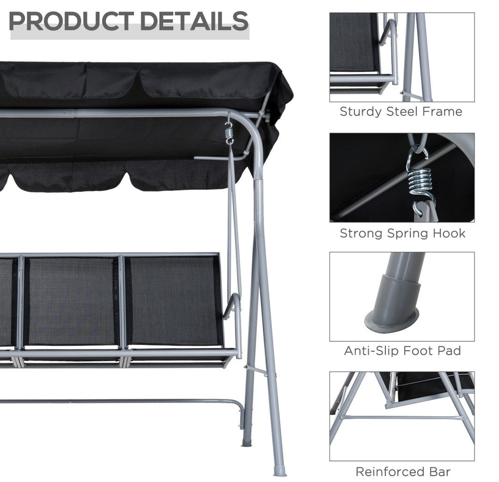 3-Seater Garden Swing Chair with Canopy – Black
