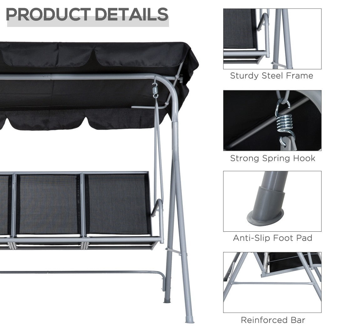 3-Seater Garden Swing Chair with Canopy – Black