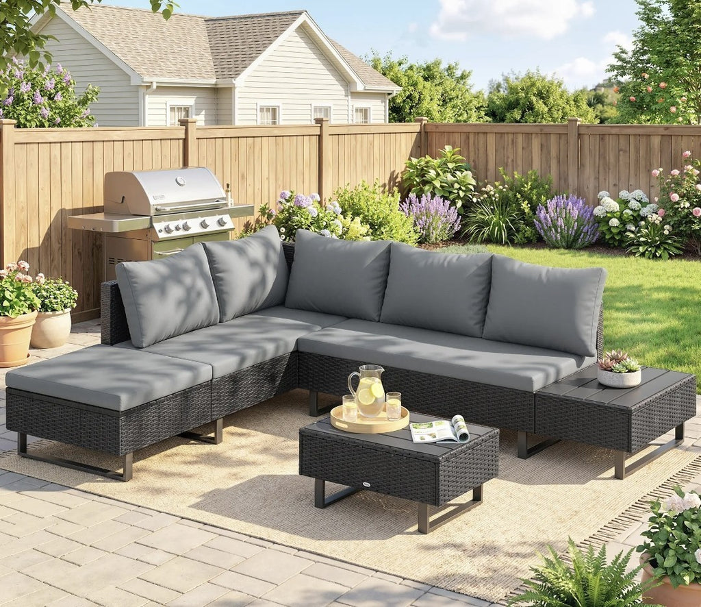 L-Shaped Rattan Garden Corner Sofa Set | Outdoor Furniture, Dark Grey