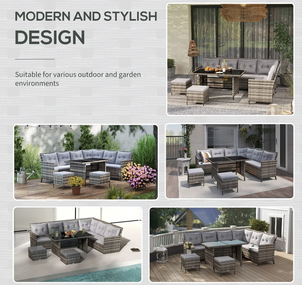 8-Seater Rattan Garden Sofa Set | Tempered Glass Table & Thick Cushions