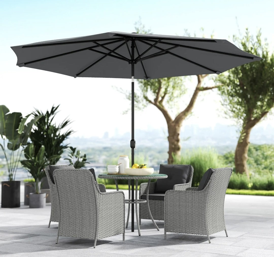 4-Seater Rattan Dining Set with Parasol & Cushions – Light Grey