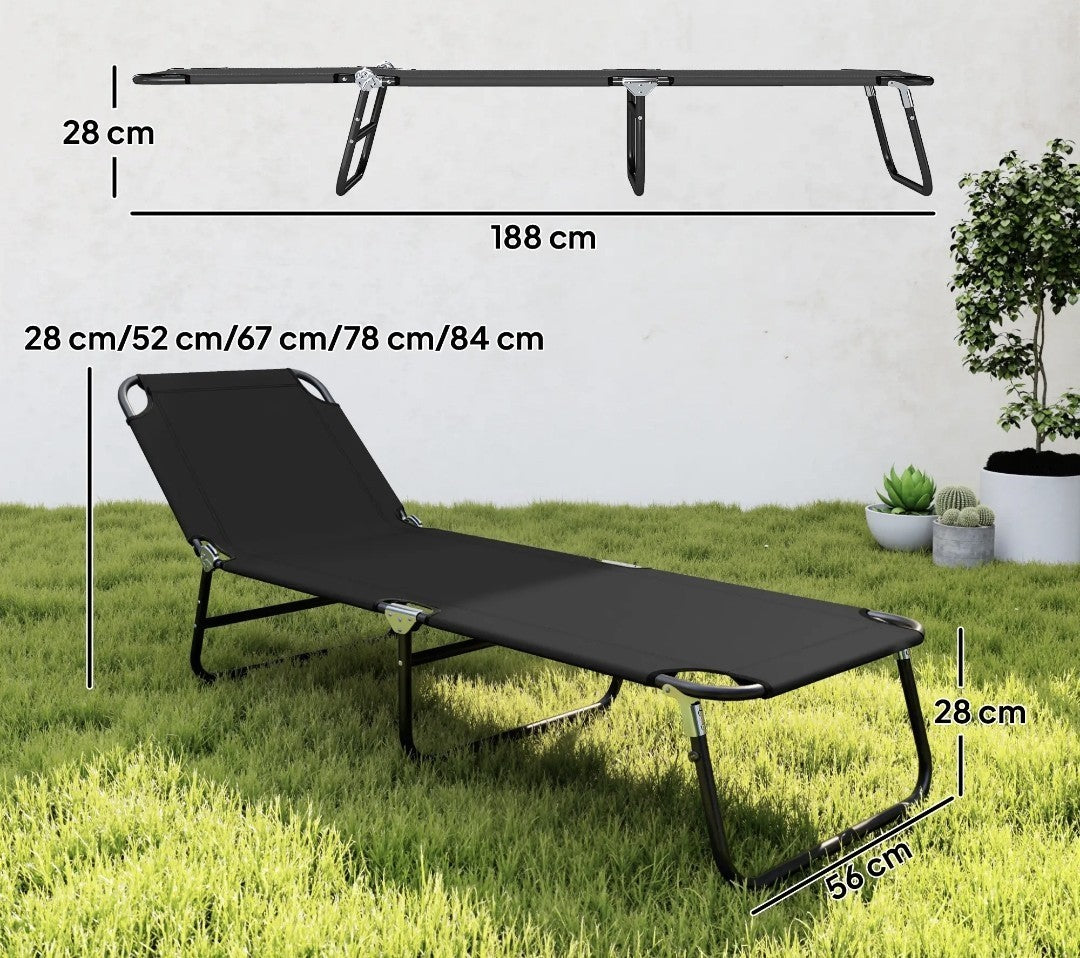 Foldable Sun Lounger | 5-Position Adjustable Backrest, Portable Recliner | Black