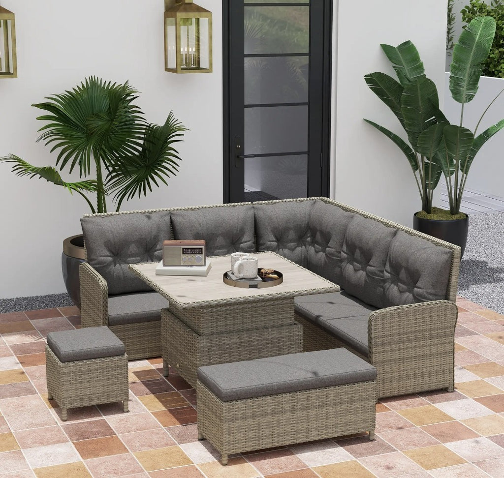 7-Seater Rattan Garden Furniture Set | 6-Piece Patio Sofa Set with Liftable Coffee Table – Light Grey