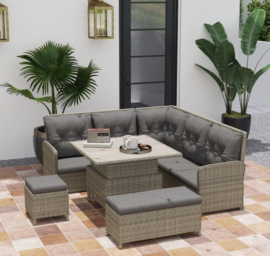 7-Seater Rattan Garden Furniture Set | 6-Piece Patio Sofa Set with Liftable Coffee Table – Light Grey