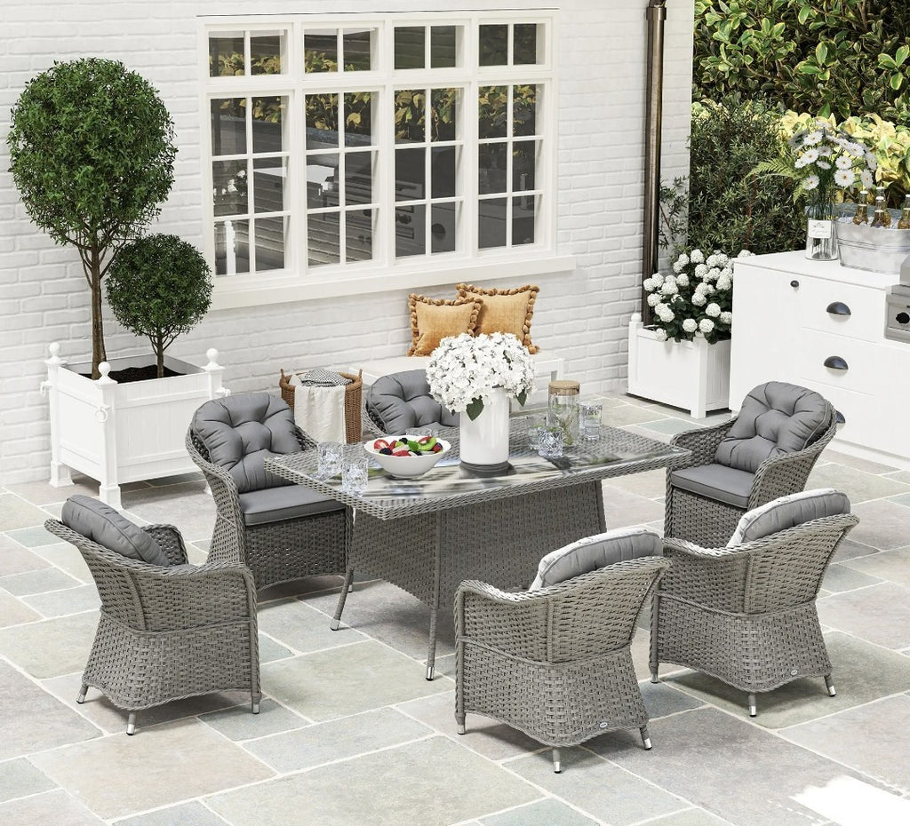 7-Piece Rattan Garden Dining Set – Light Grey | 6-Seater with Tempered Glass & Parasol Hole