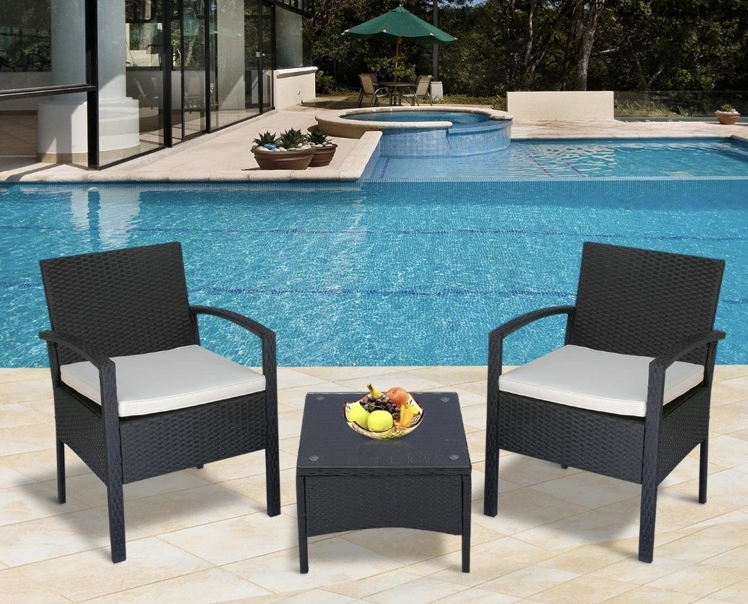 2-Seater Rattan Bistro Set with Table & Cushions | Black