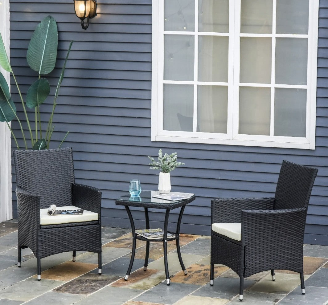 3-Piece Rattan Garden Bistro Set with 2-Tier Table | Black