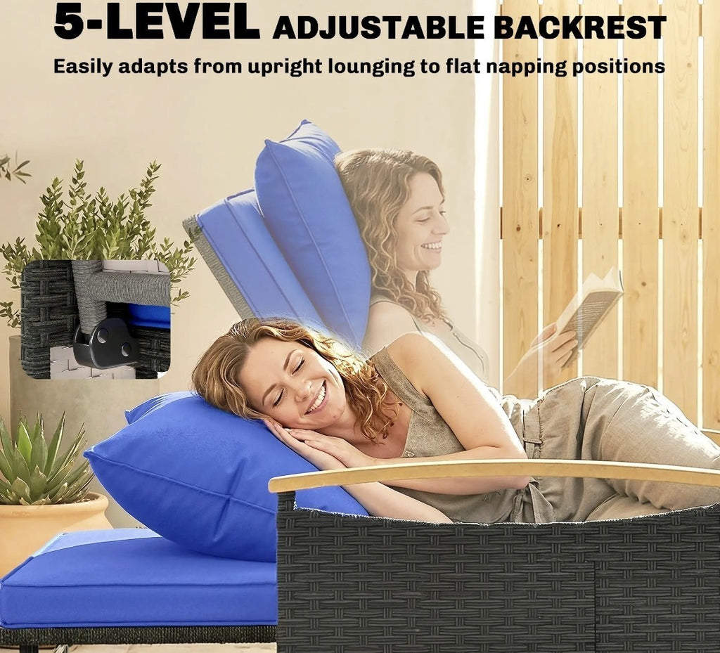 Double Rattan Garden Daybed | Wicker Sun Lounger with Storage Ottoman | Brown