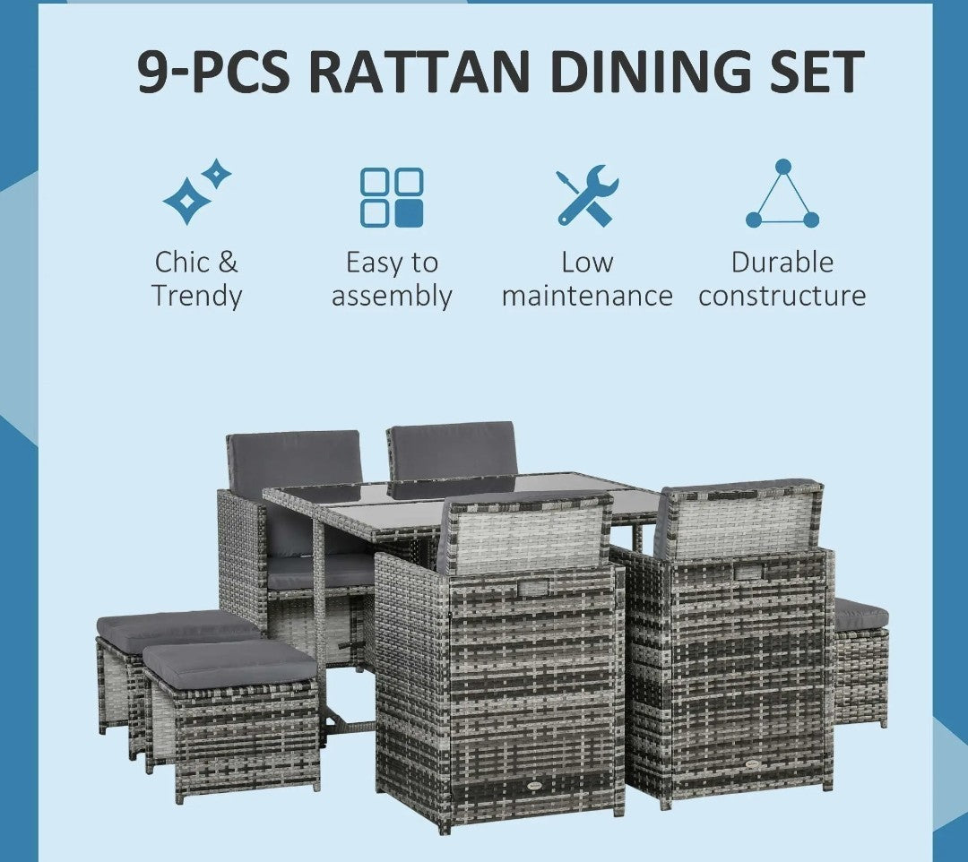 9-Piece 8-Seater Rattan Garden Dining Set with Wicker Table – Grey